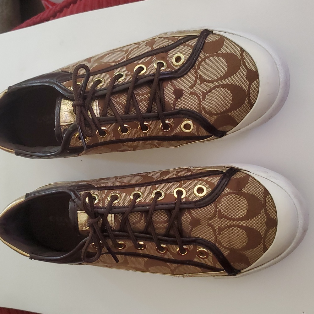 Coach Felix Monogramed Leather & Canvas Brown and Gold Women's 7.5M Sneakers